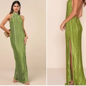 Gwenny Lime Green Satin Plisse Maxi Dress